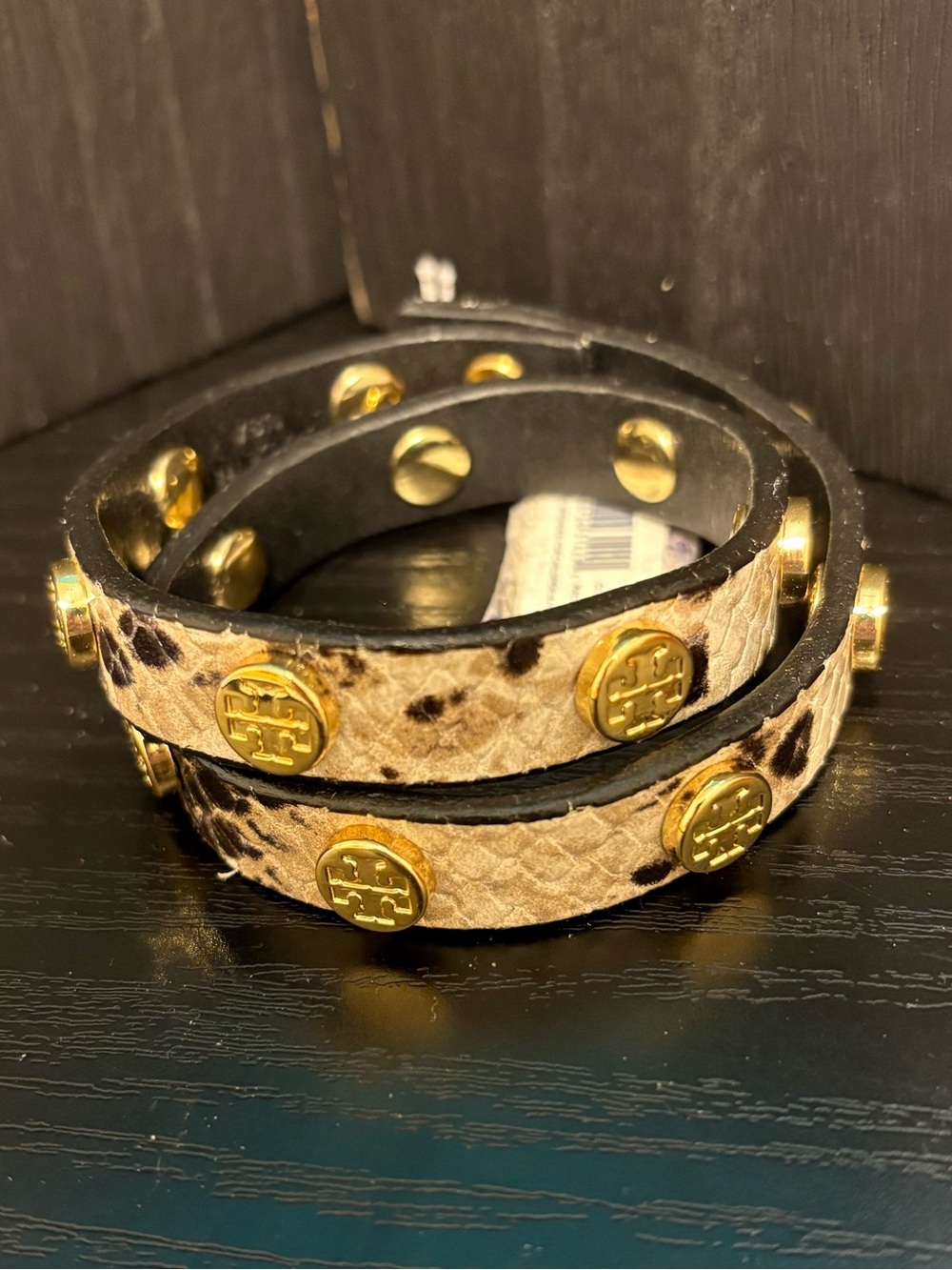 tory Burch, rap bracelet snake skin embossed 15 inches cream black new net